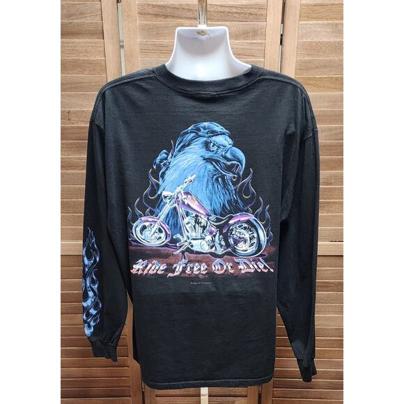 Motorcycle Flames T Shirt Men's XL Black Ride Free or Die Biker Chopper Eagle - Picture 1 of 7